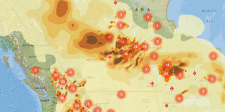 A screenshot of a web map of forest fires burning in Canada.